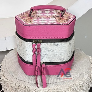 Luxury Handmade Genuine Hair On Cowhide Leather Travel Jewelry Organizer Double Layer Floral Jewelry Storage Case for Women - Product Image 1