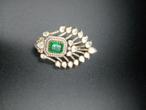 Gold Plated Silver Eagle Design Brooch with Moissanite Polki & Green Doublet Stone for Unisex Party & Wedding Jewelry - Product Image 1