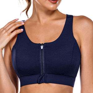High Quality Custom Women's Navy <b>Blue</b> Sports <b>Bra</b> Racerback Zip Front High Support Yoga Workout Top - Product Image 5