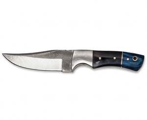 Herramienta multiusos de acero damasco semipulido grabado con ácido, con perfil de punta de cuchillo, sección central de cuerno oscuro y mango de madera - Product Image 5