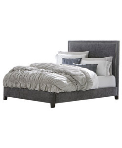 Gray Upholstered <b>Bed</b> <b>Frame</b> <b>Platform</b> <b>Bed</b> Fabric Headboard Footboard Nailhead Trim Bedroom Furniture - Product Image 1