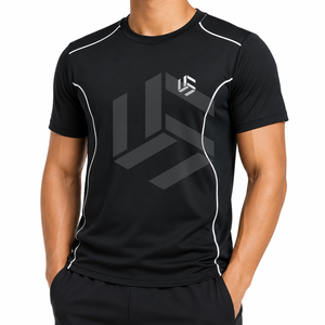T-shirt formel à manches courtes noir pour homme avec rayures blanches, séchage rapide, coupe ample, col rond, en polyester tricoté - Product Image 1