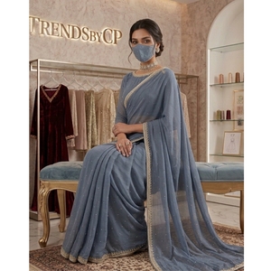 TRENDSbyCP Elegant Grey Silk Saree Pearl Embroidery Gold Border <b>Wedding</b> Party Womens Regular Fit Floor-Length Wrinkle-Free - Product Image 4