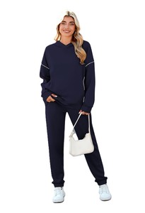 <b>Women's</b> <b>Navy</b> Blue Hooded Tracksuit Solid Color Casual Loose Fit Full Sleeve With Side Pockets Elastic Waist Autumn Wear - Product Image 5