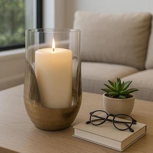 Modern Matte Black Wire <b>Lantern</b> – Dark Wood Block Base Glass <b>Hurricane</b> Holder - Product Image 5