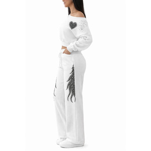 Conjunto de Sudadera Corta con Pedrería para Mujer, Pantalones de Pierna Recta, Corte Holgado, Dos Piezas, Ropa Deportiva, Suministro OEM - Product Image 5