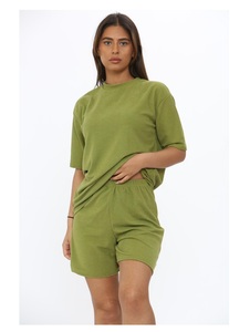 Ensemble de salon en tricot 2 pièces pour femmes, couleur unie orange, col à trois quarts, shorts, tenue décontractée d'été, 100% coton, séchage rapide - Product Image 5