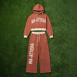 Conjunto de Sudadera Corta y Pantalones Jogger de Pierna Ancha para Mujer, Estilo Acid Wash Marrón Óxido, de Algodón y Felpa, Ropa Deportiva Urbana, OEM al por Mayor - Product Image 6