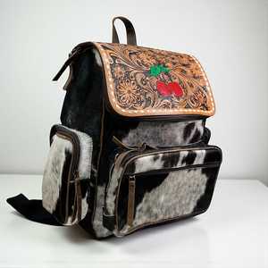 Sac à dos artisanal en cuir de vachette avec cuir gravé floral et motif cerise, sac de voyage bohème western - Product Image 2