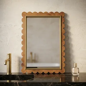 Scalloped Wooden Framed <b>Mirror</b> Mid Century Modern <b>Wall</b> Decor <b>Rectangle</b> Shape Home Use - Product Image 2
