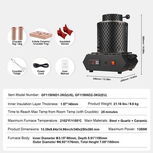 Forno per Fusione dell'Oro 1350W, Digitale Elettrico, Temperatura Massima 2102 Fahrenheit, Crogiolo in Ceramica da 1 kg 3 kg, Forno Industriale - Product Image 2