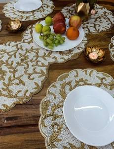Embroidered Cotton Table <b>Runner</b> Plant Pattern Classic Style Beige Gold Home Decor <b>Washable</b> - Product Image 4
