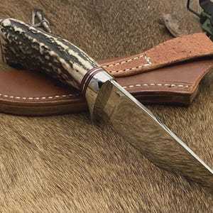 Cuchillo de camping Short Sign Industry con hoja de acero de Damasco de punta clipada y filo recto, mango de madera para uso en exteriores - Product Image 2