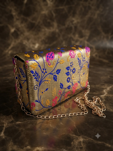 Traditional Brocade Fabric Gold Crossbody <b>Sling</b> <b>Bag</b> with Floral Print and Metallic Chain Strap <b>for</b> <b>Women</b> - Product Image 2