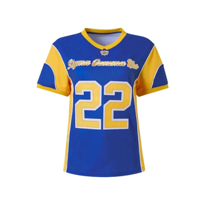 เสื้อฟุตบอลสีน้ำเงินขาว SGRho แขนสั้นหมายเลข 22 ชุดทีมกีฬาลายกราฟิก เสื้อฟุตบอลวิทยาลัยแบบกำหนดเอง - Product Image 1