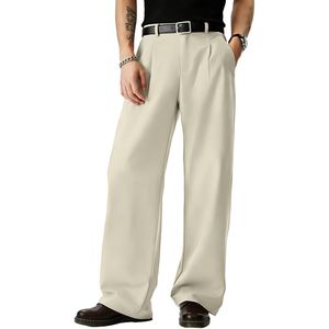 <b>Men's</b> Beige Wide Leg <b>Pleated</b> <b>Trousers</b> High Waist Casual Anti-Wrinkle Polyester Pants Autumn Style - Product Image 1