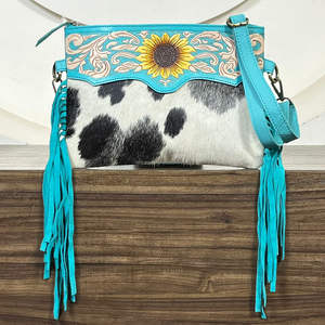 Sac à bandoulière de luxe en cuir de vachette artisanal avec franges, motif tournesol mignon, grande capacité, pour femme - Product Image 4
