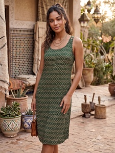 Vestido Midi Boho sin Mangas, Estampado Geométrico Verde, Tejido Transpirable, Ajustado, Ropa Casual de Verano - Product Image 6