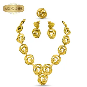 Luxury African Wedding Jewelry Set Gold Plated Rose Design <b>Charm</b> Necklace Earrings Ring for Women Fashion Necklace - Product Image 2