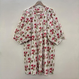 เดรสลำลองผู้หญิง ผ้าทอ 100% คอตตอน ลายพิมพ์ดอกไม้/สีพื้น แขนสั้น เอวทรงเอ็มไพร์ ทรงเบบี้ดอลล์ คอวี โอเวอร์ไซส์ - Product Image 1