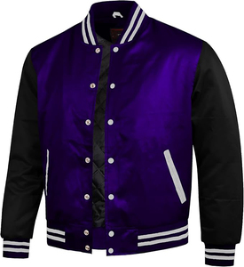 Chaqueta universitaria retro casual de satén con mangas negras multicolor y línea blanca para mujer - Product Image 5