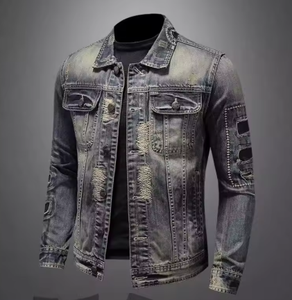 <b>Mens</b> Slim Fit <b>Denim</b> <b>Jacket</b> Casual Turndown Collar Ripped Washed Jean Coat Autumn Style Button Closure Regular Sleeve - Product Image 1