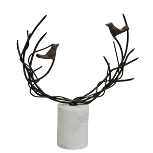 Escultura de Aluminio de Dos Pájaros en una Rama con Base Cilíndrica de Mármol Blanco, Elegante Pieza de Arte para Decoración de Mesa en el Hogar y la Oficina - Product Image 1