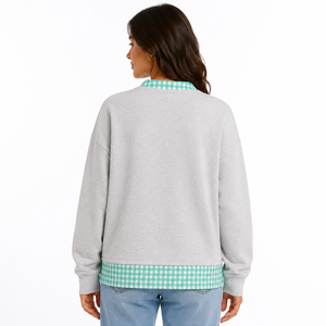Sudadera Trackstar con estampado de letras y cuello redondo para mujer, gris con ribete de guinga, corte regular, estilo casual para otoño. - Product Image 3