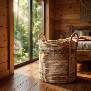 natural fiber storage <b>baskets</b> scalloped rim handcrafted laundry <b>hamper</b> balinese artisan braided accent organizer boho home decor - Product Image 2