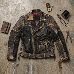 Veste bomber moto aviateur en cuir véritable vieilli marron rétro personnalisée, coupe-vent pour homme, automne - Product Image 5