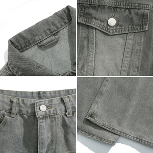 Unisex Washed Denim Jacket <b>Pants</b> Set Full Sleeve Button Regular Fit Casual Streetwear Eco-Friendly Breathable Ash Gray Cotton - Product Image 3