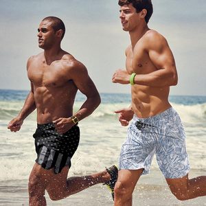 Short de bain pour hommes, imprimé palmiers, taille élastique avec cordon de serrage, style tropical, plage, été, décontracté, vacances, coloré, avec haut blanc pour hommes, été - Product Image 4