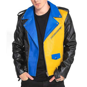 Chaqueta de Cuero para Motociclista, Negra, para Hombre, Multicolor, de un Solo Tono, con Diseño de Paneles Modernos, Chaqueta de Cuero Premium - Product Image 1