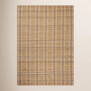 Tapis de sol rectangulaire en jute à motif écossais, style ferme, tissage plat, pour salon, à poils ras, beige et marron - Product Image 1