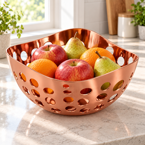 Modern Rose Gold Metal Bowl Storage Holder with Perforated Holes Lightweight Standing Basket for <b>Living</b> <b>Room</b> - Product Image 4