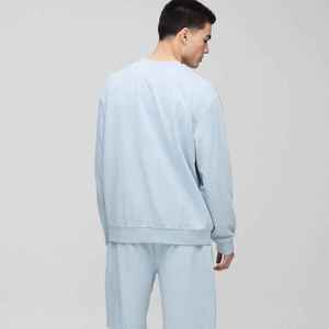 Sweat-shirt surdimensionné à col rond bleu clair pour homme, coupe classique, vêtement décontracté d'automne, en molleton tricoté, couleur unie, pull-over OEM - Product Image 3