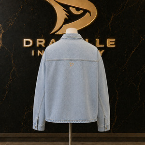 High Quality Premium Bling Varsity 8 Jean <b>Jacket</b> Slouchy Cropped Hip Hop Streetwear Washed Cotton Denim Shirt - Product Image 2
