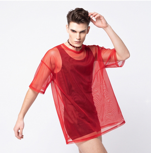 Camiseta de verano al por mayor para hombre con hombros caídos, camiseta transparente de moda para hombre, camisetas ajustadas sexys de malla transparente - Product Image 3