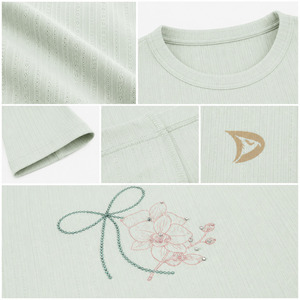 Camiseta Corta Y2K Verde Claro para Mujer, Bordado Floral, Cuello Redondo, Manga Corta, Corte Holgado, Ecológica, Informal, Primavera Verano - Product Image 6