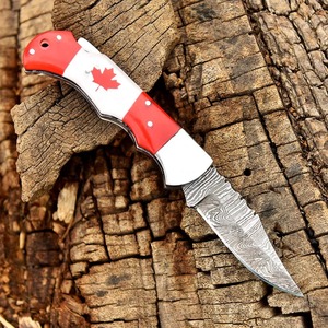 Cuchillo Plegable de Acero de Damasco Personalizado con Mango con la Bandera de Canadá – Cuchillo de Bolsillo Hecho a Mano con Funda de Cuero, Regalo EDC para Actividades al Aire Libre - Product Image 5