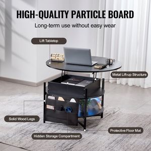Tavolino da Caffè Rotondo con Piano Sollevabile da 35,3 Pollici, Tasche Extra per lo Stoccaggio, Design Pop-up per Soggiorno - Nero - Product Image 5