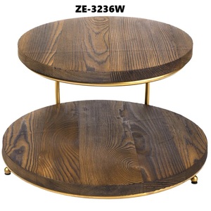 Round Wood Cake Stand with Gold Trim ZE-3236W Two-Tier Display <b>Tray</b> for Dessert Serving - Product Image 1