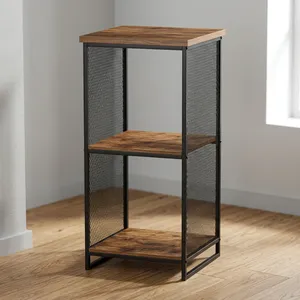 Étagère à livres en bois à 3 niveaux de style industriel moderne avec cadre en métal grillagé pour le salon, le bureau à domicile, le rangement - Product Image 1