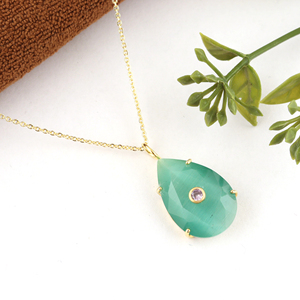 Classic Unique Style 18K Gold Plated Brass Gemstone Cat's Eye Teardrop CZ Pendant Necklace Minimalist Buddhism Women's Gift - Product Image 6