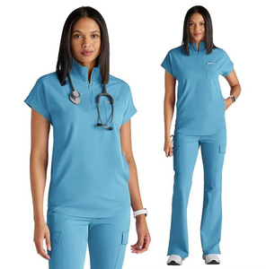 Women's Light Blue <b>Scrub</b> <b>Set</b> With Pocket And Zip Neck Hospital Uniforms For Nurses - Product Image 1