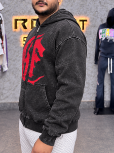 Men's Black Vintage Wash Zip-Up <b>Hoodie</b> With Bold <b>Red</b> Front Graphic Relaxed Fit Full Zip Closure Double Layer Hood Ribbed Cuffs - Product Image 5