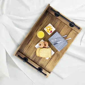 <b>Wooden</b> Serving Tray Rectangle <b>Rustic</b> Design With Metal Handles For <b>Dining</b> <b>Table</b> Use - Product Image 6