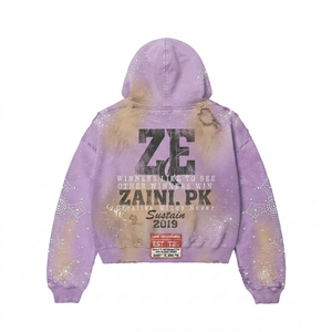 Sudadera con Capucha de Felpa de Algodón y Poliéster Premium de 400 GSM, Lavado Ácido, Color Morado, con Pedrería, Logotipo Personalizado con Impresión DTF, OEM - Product Image 2