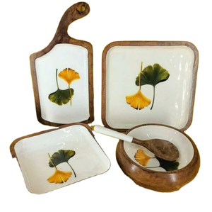 Ensemble de planches à découper en bois massif faites à la main, plateaux et bols émaillés, vaisselle fonctionnelle pour dîner, vaisselle de table, écologique et portable - Product Image 6