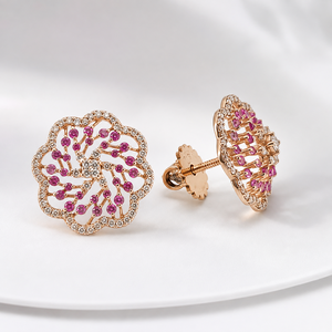 Boucles d'oreilles clous en or jaune 10K vermeil avec moissanite et pierre précieuse rose taille ronde pour femme - Product Image 1